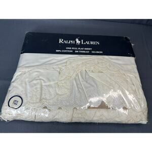 Vintage Ralph Lauren Home Ivory Full  Flat Bed Sheet Ruffle Eyelet NOS